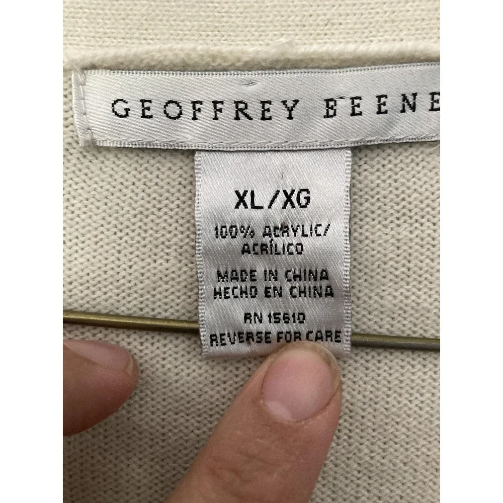 Geoffrey Beene Sweater Mens XL White Striped Cardigan Button V Neck Knit Soft